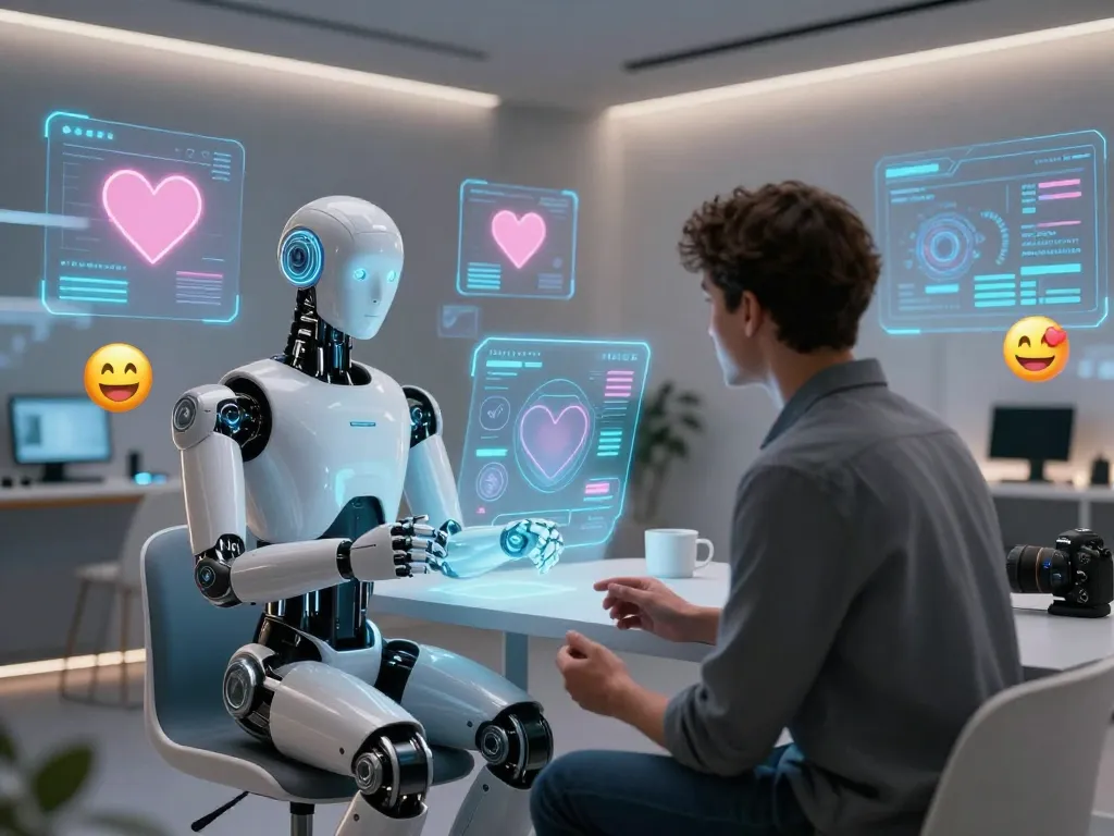 ai sex humanoid robot interacting with a person in a modern setting, showcasing advanced relationships through technology