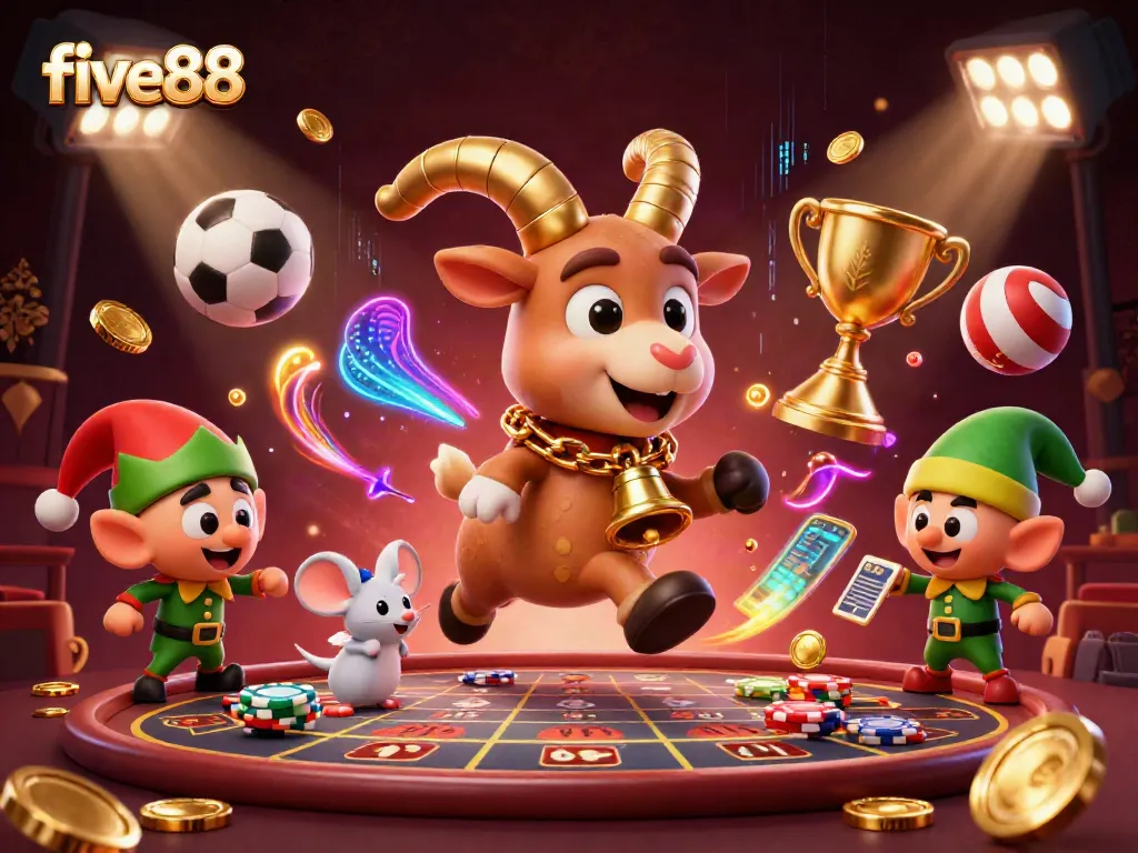 Experience the vibrant energy of five88's casino with Krampus, an angel mouse, and elf gremlins in action.