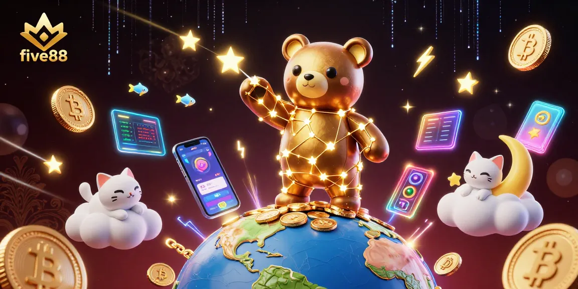 Experience five88's world of casino excitement with a vibrant bear, moon cat, and dynamic crypto elements.