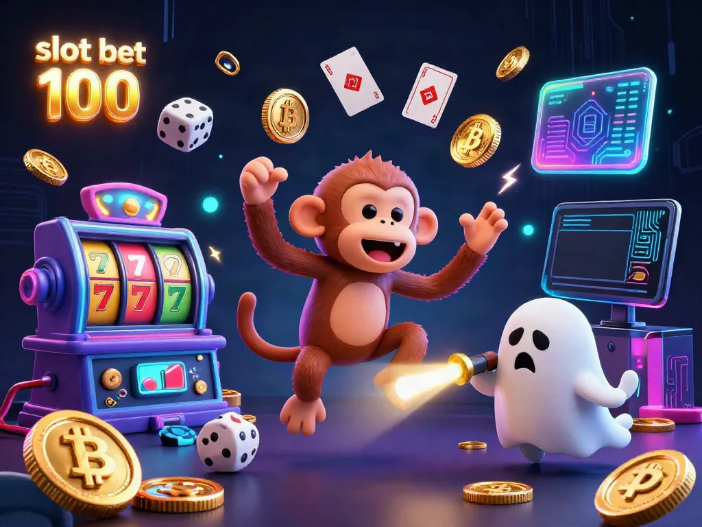 Slot bet 100 dengan karakter monyet poltergeist dan anjing berburu, berbagai elemen termasuk simbol slot dan koin kripto.