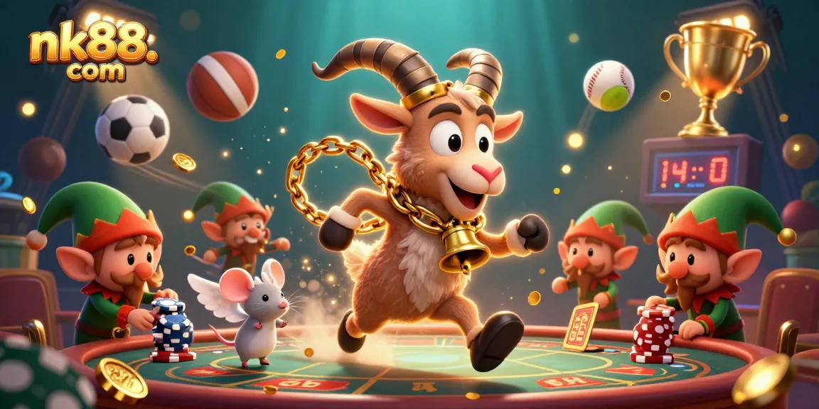Experience thrill at nk88. com's lively casino with cartoon characters amidst exciting gameplay.