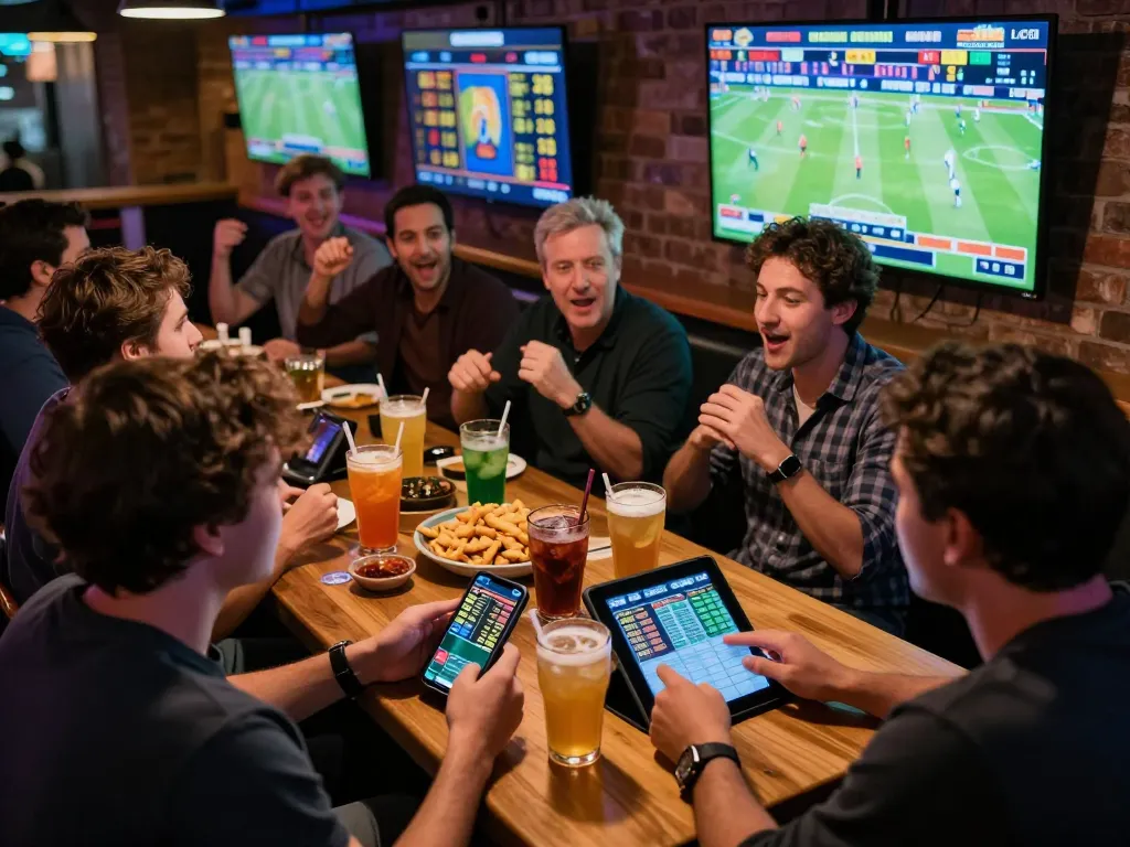 Active sports betting moment showing nhandinhkeonhacai being used on a smartphone app to place bets at a lively bar