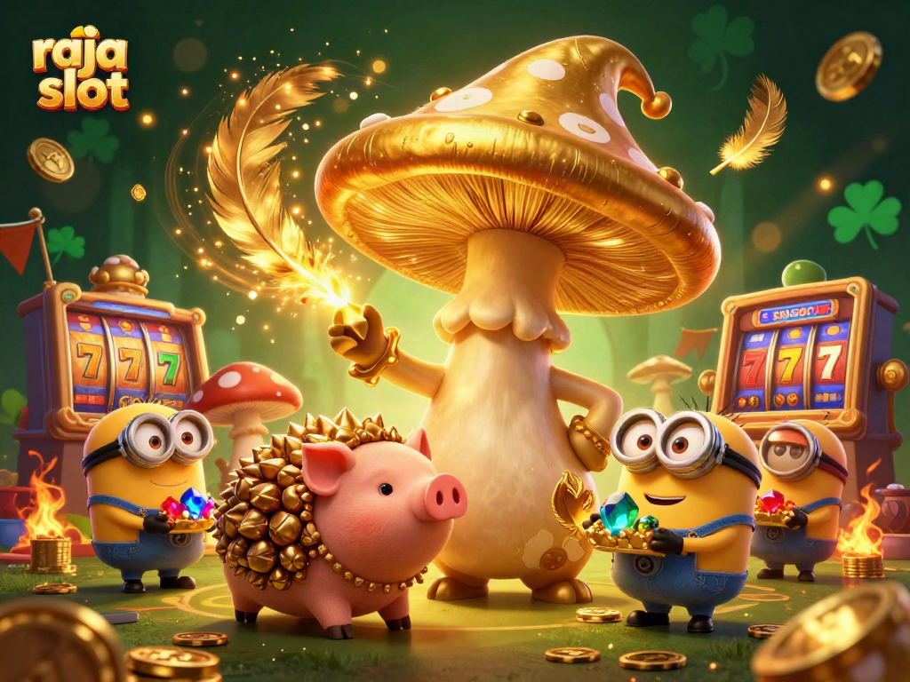Experience the excitement of raja slot with a vibrant illustration featuring casino elements and whimsical characters.