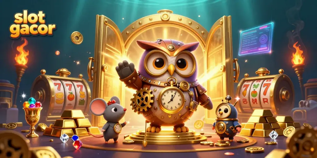 Experience the thrill of slot gacor with a steampunk owl and a clockwork mouse amidst golden treasures.