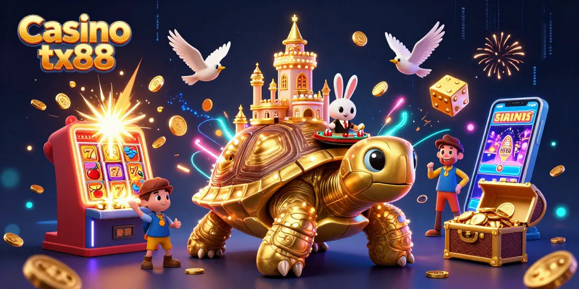 Experience Casino tx88 through a vibrant 3D illustration showcasing excitement with slot machines, rewards, and a lively gaming atmosphere.