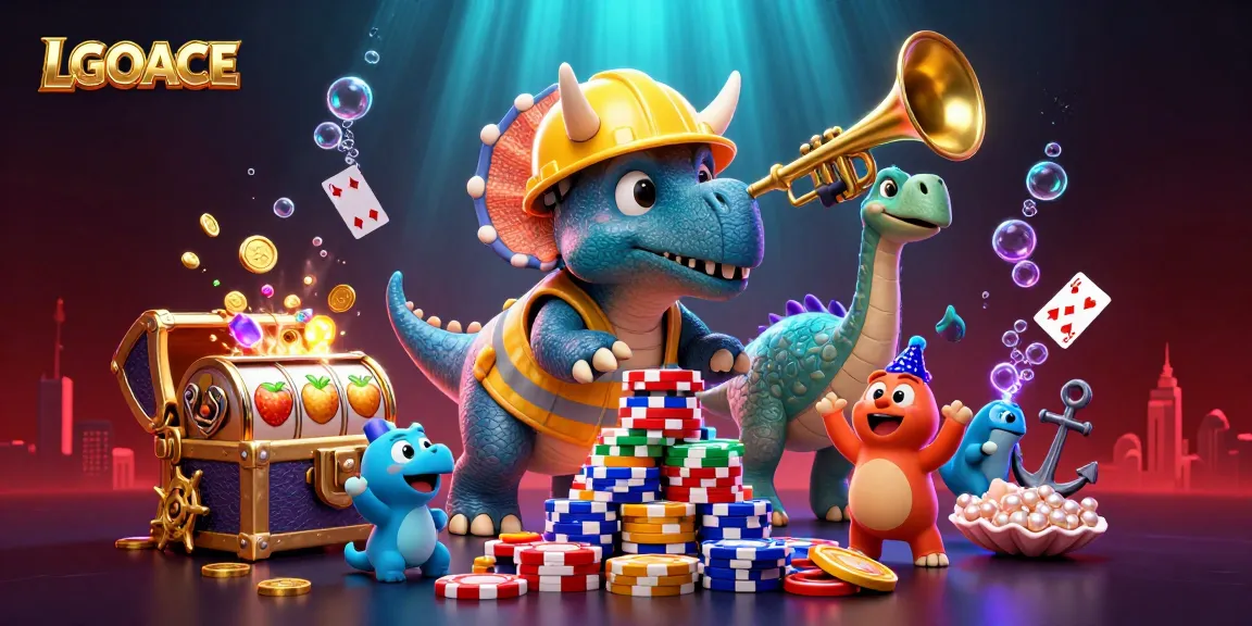 Join the fun with LGOACE as cartoon dinosaurs build poker chip towers in an exciting casino underwater scene.