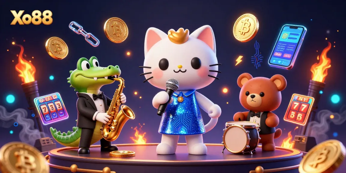 Xo88 showcases a vibrant casino scene with a jazz-singer cat and crypto-themed elements.