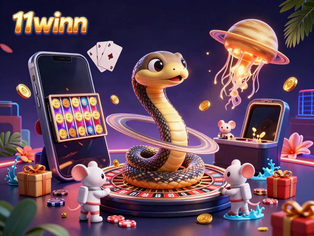 Experience the thrill of 11winn with a vibrant cosmic casino illustration featuring slot games and betting action.