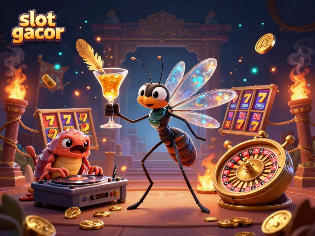 Engage in thrilling slot gacor adventures with a cartoon mosquito casino mascot in a dynamic 3D illustration.