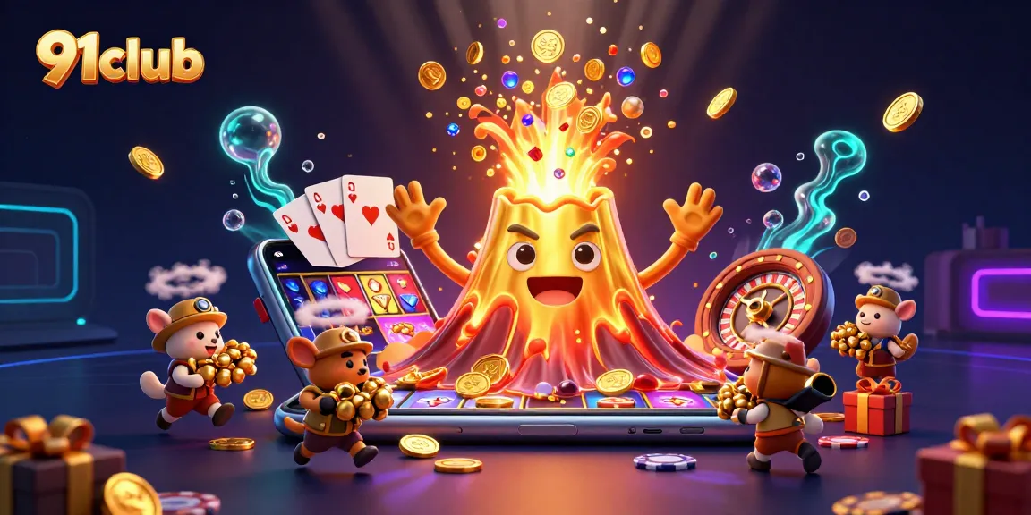 Engage with the thrilling 91club casino experience featuring a golden volcano and vibrant game elements.
