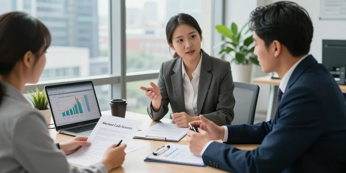 Comparing merchant cash advance vs loan in a business consultation setting, showcasing financial documents and charts.