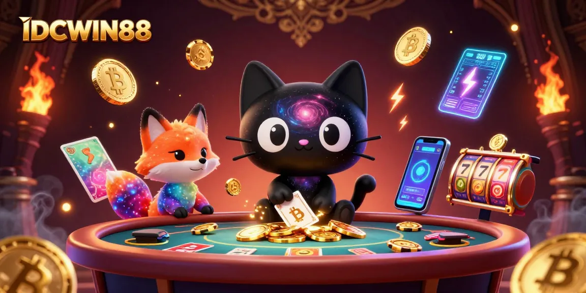 Engage with IDCWIN88's cosmic casino adventure featuring a black hole cat and crypto elements.
