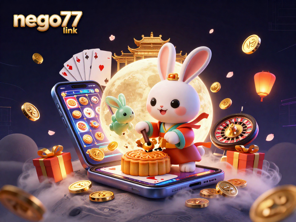 Spin to win at nego77 link, where a moon rabbit reveals poker chips within golden mooncakes amidst vibrant casino elements.