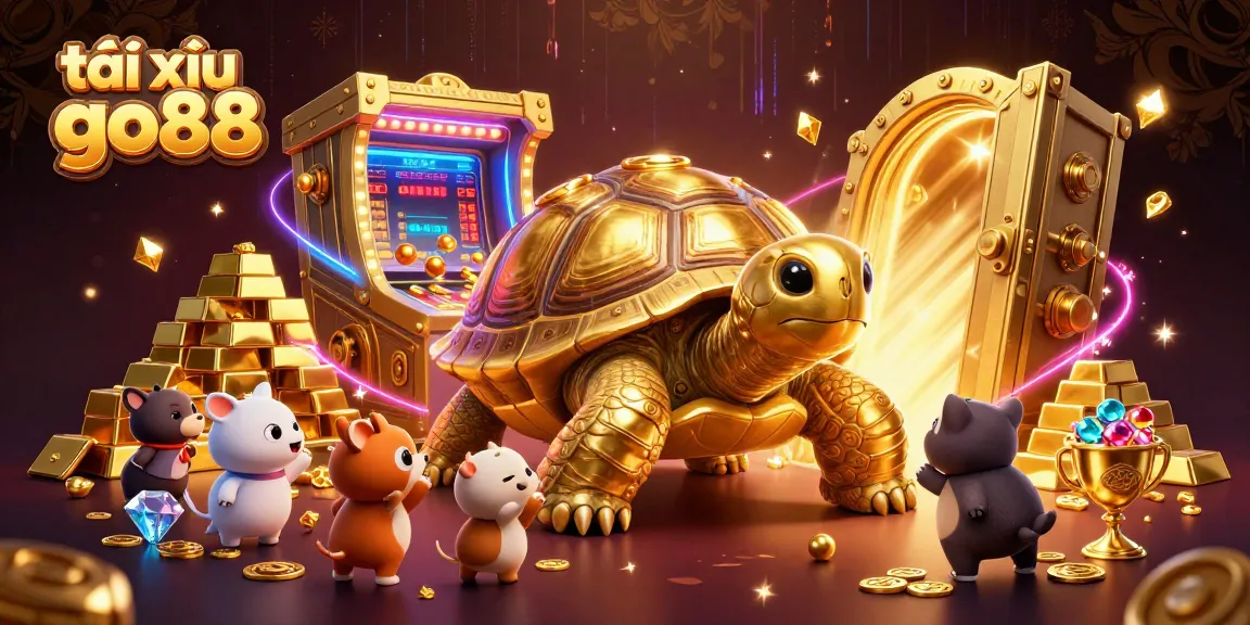 Tài xỉu go88 showcases an exciting scene with a colossal pinball machine tortoise surrounded by treasures.