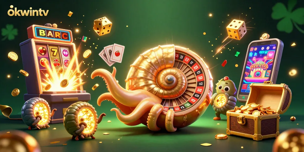 Play exciting games with okwintv, featuring an ancient nautilus holding cards amidst coins and jackpots