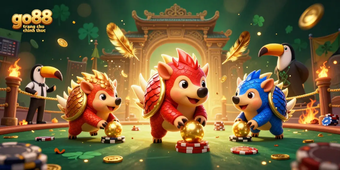 Rolling pangolins compete in a vibrant casino scene, highlighting go88 trang chu chinh thuc and gambling excitement.