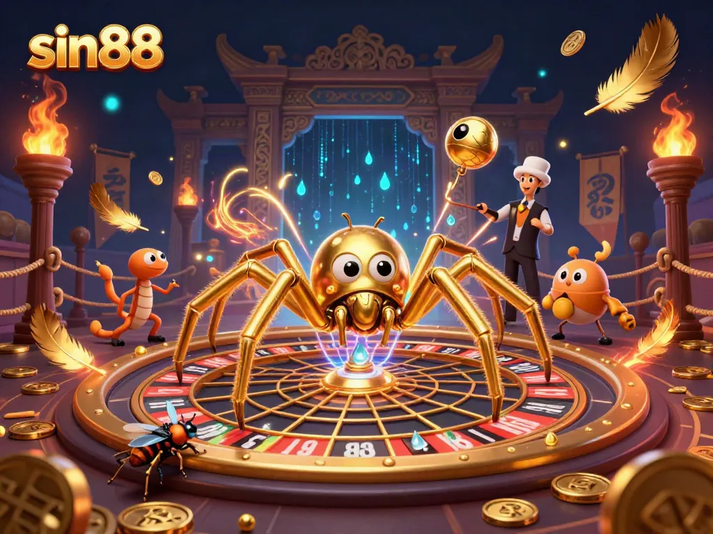 Experience thrilling bets at sin88 as a golden spider spins a roulette wheel web in this lively casino scene.
