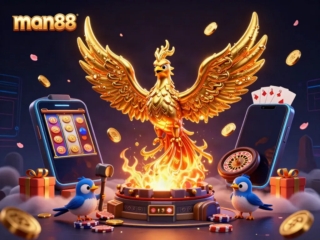 Experience the excitement of man88 with a stunning illustration of a golden phoenix and casino elements.