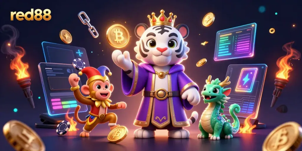 Engage in exciting gaming at red88 with a vibrant 3D illustration of casino characters and crypto elements.