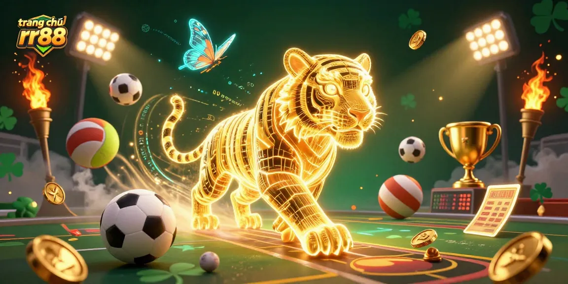 Experience the excitement of trang chủ rr88 in a vibrant digital casino landscape featuring a glowing tiger and sports elements.