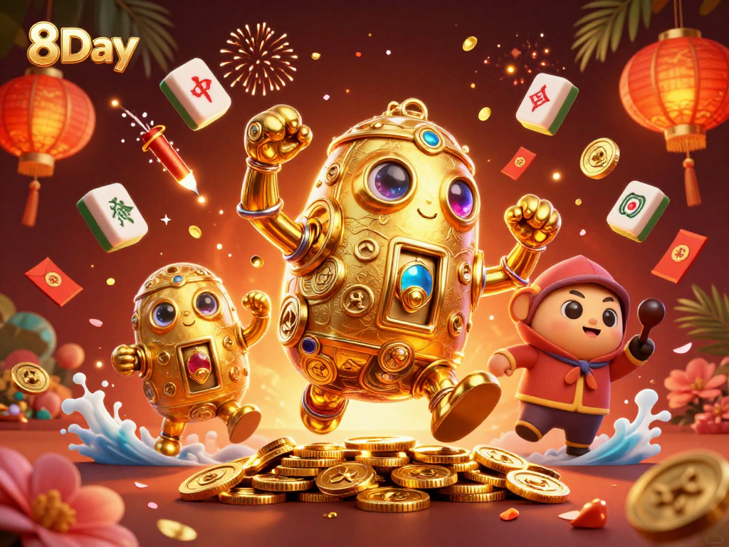 Experience thrilling 8Day casino entertainment with a vibrant 3D golden golem illustration.