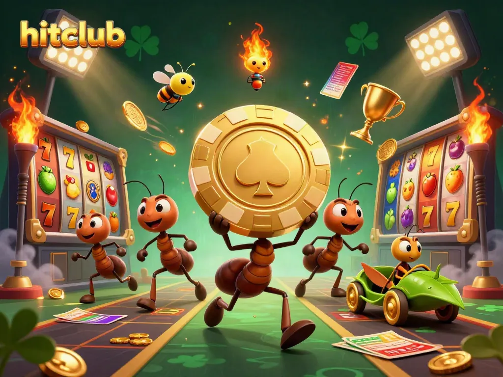 Experience the thrill of hitclub with ants carrying a giant poker chip surrounded by vibrant casino elements.