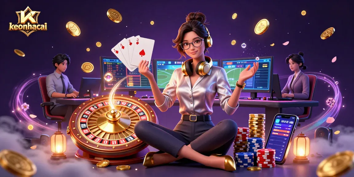 Engage with keonhacai as the elegant woman strategizes her sports betting at a high-tech gaming setup.