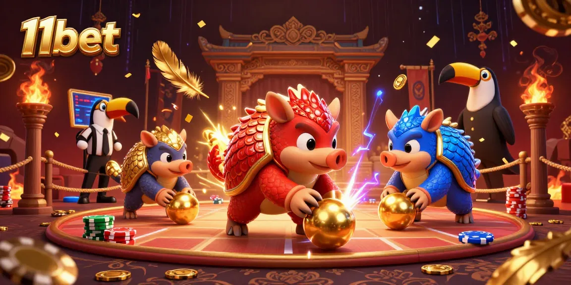 11bet gameplay featuring rival pangolins in an intense betting match with vibrant casino elements.