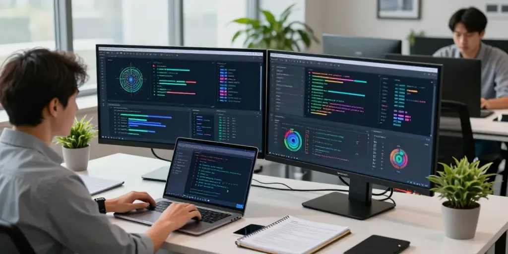 Data scientist reviewing Enterprise AI metrics in a modern office workspace.