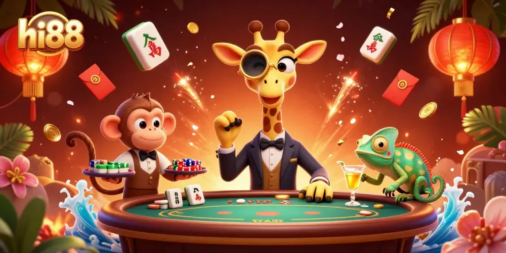 Experience the excitement of hi88 with a vibrant casino scene featuring unique characters.