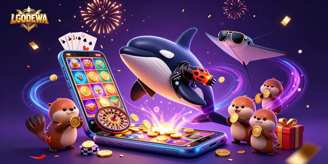 Engage with LGODEWA through a vibrant casino-themed scene featuring winning characters and gameplay elements.