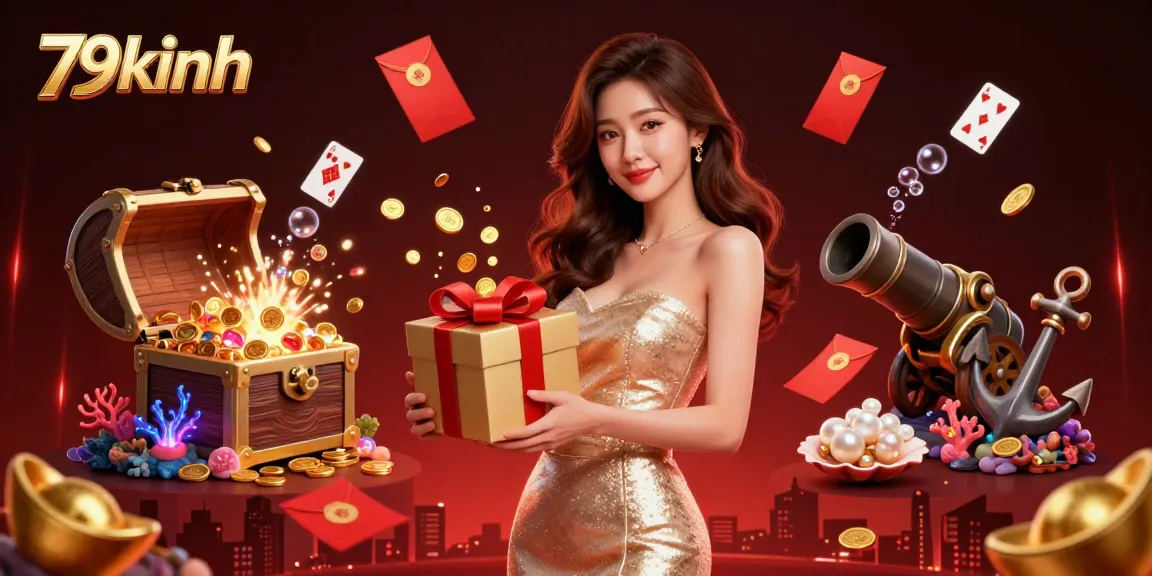 Engage with 79kinh's vibrant casino experience featuring golden coins, festive decorations, and thrilling gameplay.