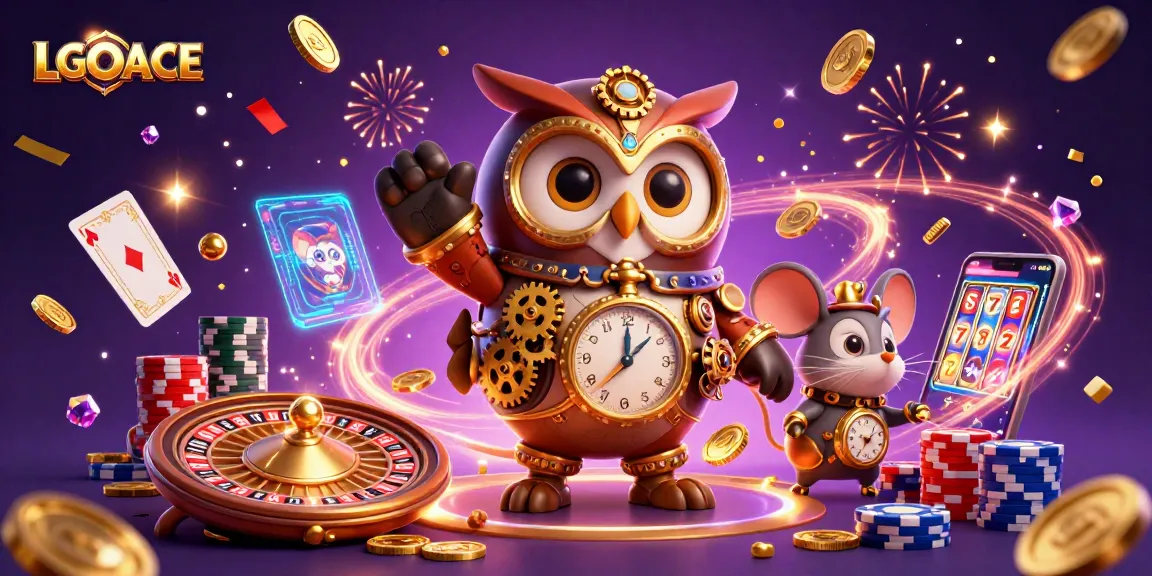Spin the reels with LGOACE, featuring a magical time-traveling owl in a vibrant casino scene.