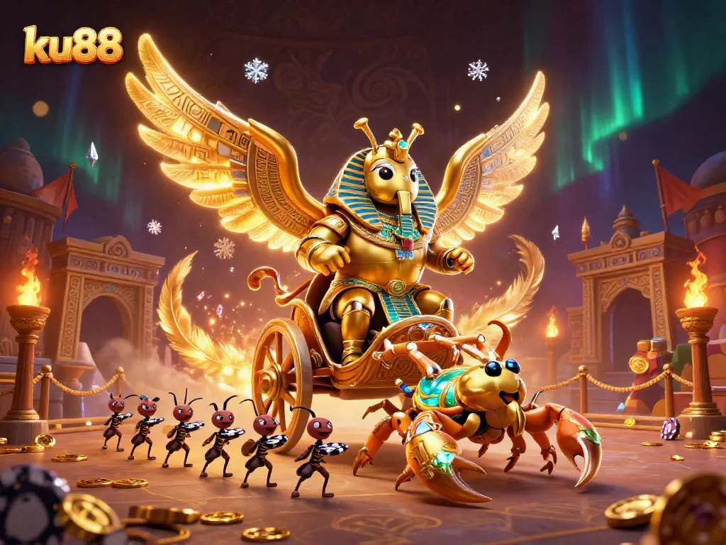 Engage in thrilling gameplay at ku88 with a dynamic chariot scene featuring a golden scarab and scorpions.
