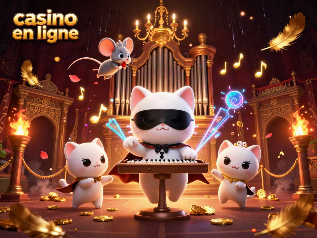 Jouer dans un casino en ligne passionnant avec un chat masqué et un acrobate, entouré de pièces d'or et de notes musicales.