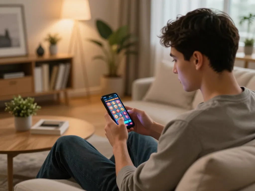 Player using the XX88 58k app for mobile gambling in a cozy home setting