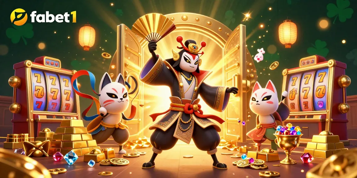 Join the excitement of fabet1 with dynamic casino action and golden treasures in a vibrant digital illustration.
