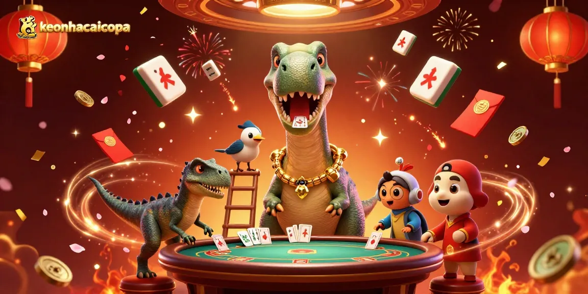 Engage with keonhacaicopa's vibrant casino scene featuring a giant brontosaurus, raptor dealer, and festive game elements.