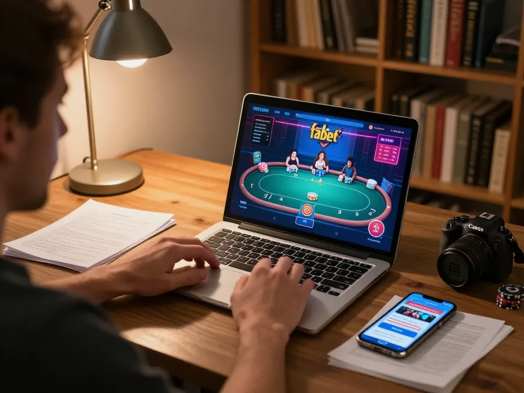 Engaging poker gameplay on a fabet interface during a cozy home session.