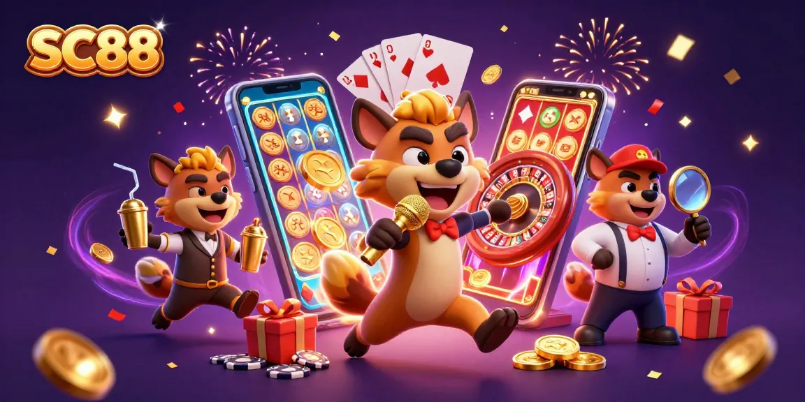 Experience the excitement of SC88 with 3D hyena characters in a vibrant casino scene filled with games and energy.