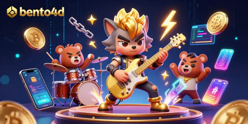 Engage with bento4d's animated casino stage featuring a rock star wolf and vibrant crypto elements.