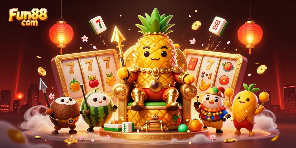 Experience the vibrant casino scene of Fun88 com with a golden pineapple king and dynamic elements.