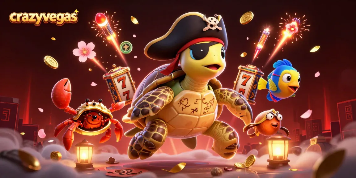 Engage with slots at crazyvegas as a turtle pirate examines profound treasure surrounded by vibrant casino elements.