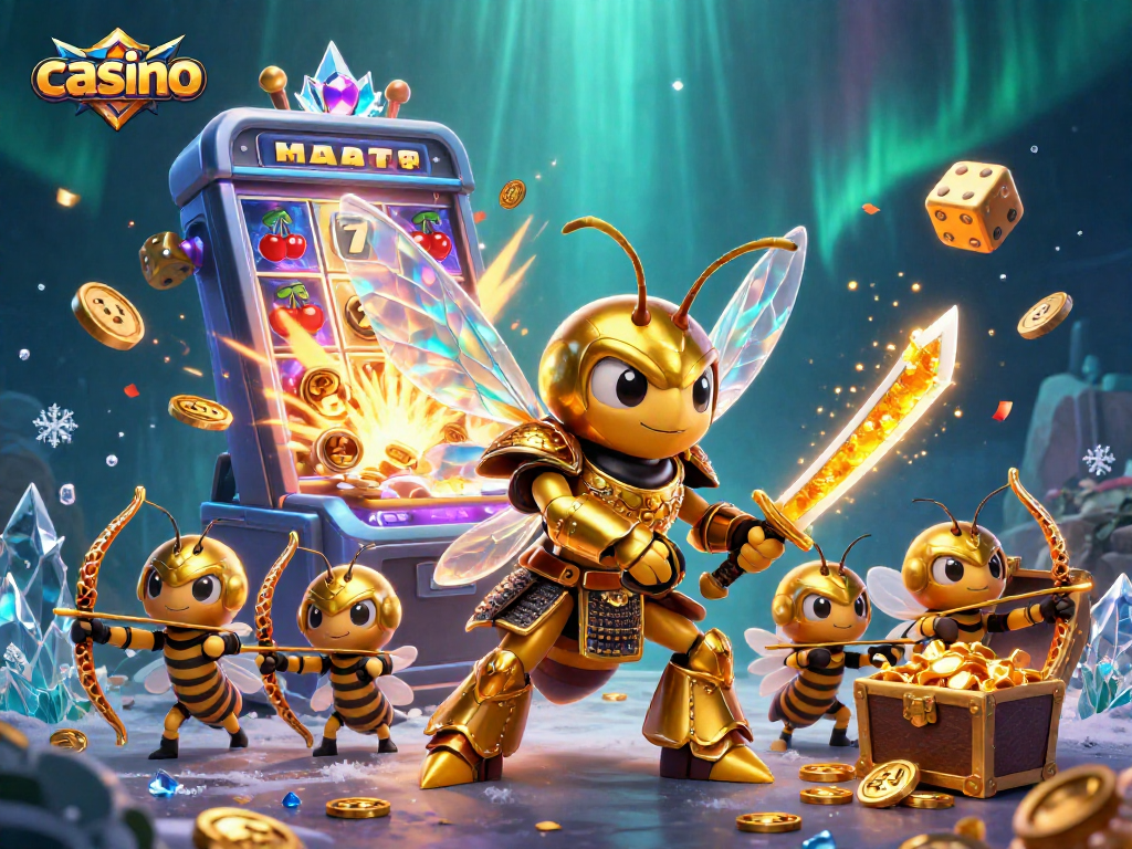 Engage with the vibrant casino world featuring a golden hornet and bee archers in an explosive display.