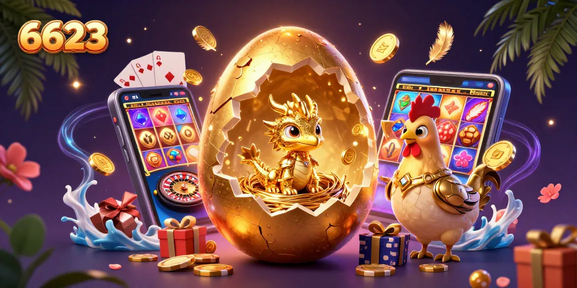 Engage with 6623's vibrant gaming scene featuring a golden dragon on poker chips amidst exciting casino elements.