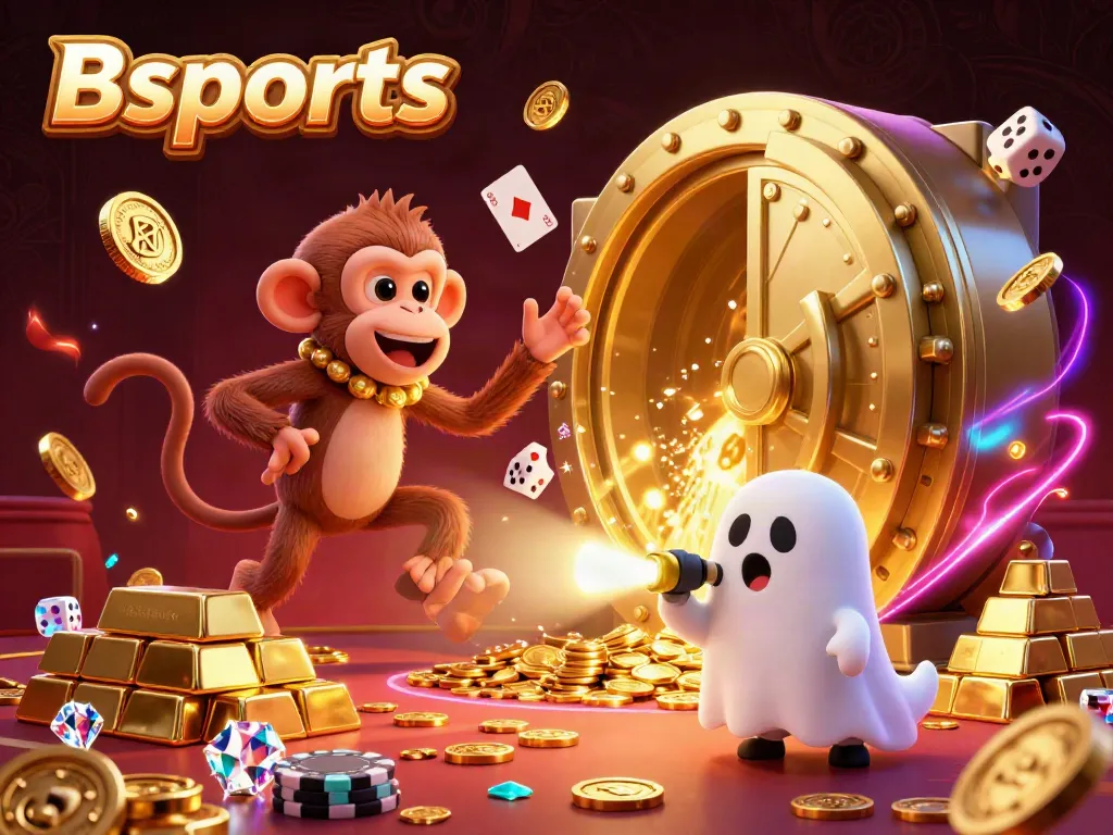 Bets come alive with Bsports as a poltergeist monkey juggles golden treasures in a vibrant haunted casino.