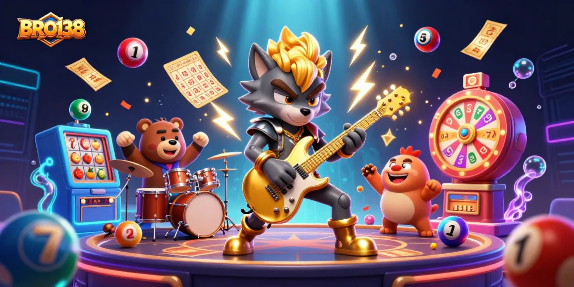BRO138 showcases a vibrant casino scene with a rock star wolf and dynamic gaming elements