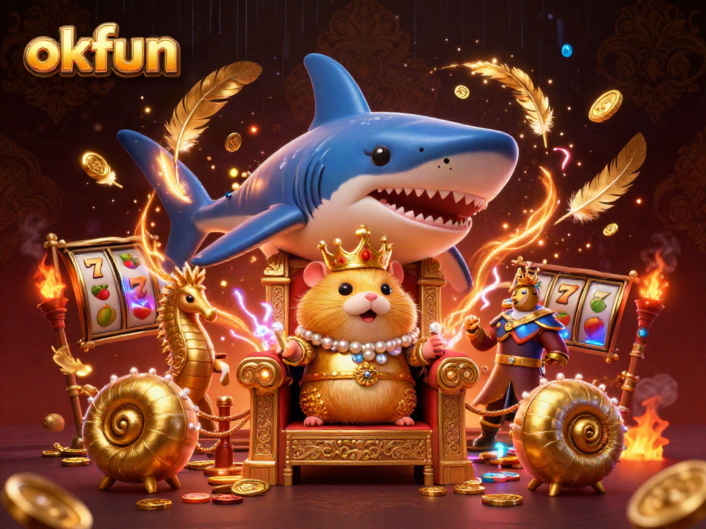 Engage in thrilling okfun casino adventures with a golden hamster king amidst vibrant gaming elements.