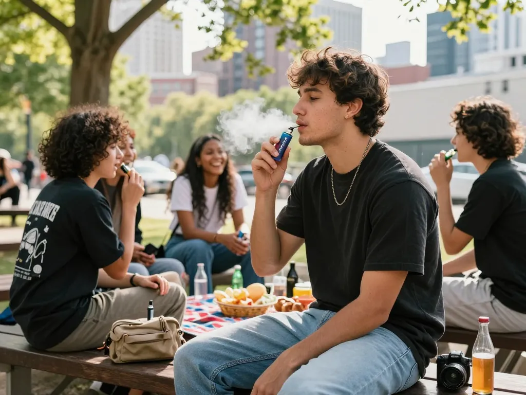 Enjoying a Clean Carts 2g Disposable vape in a vibrant outdoor park setting with friends, highlighting community and lifestyle.