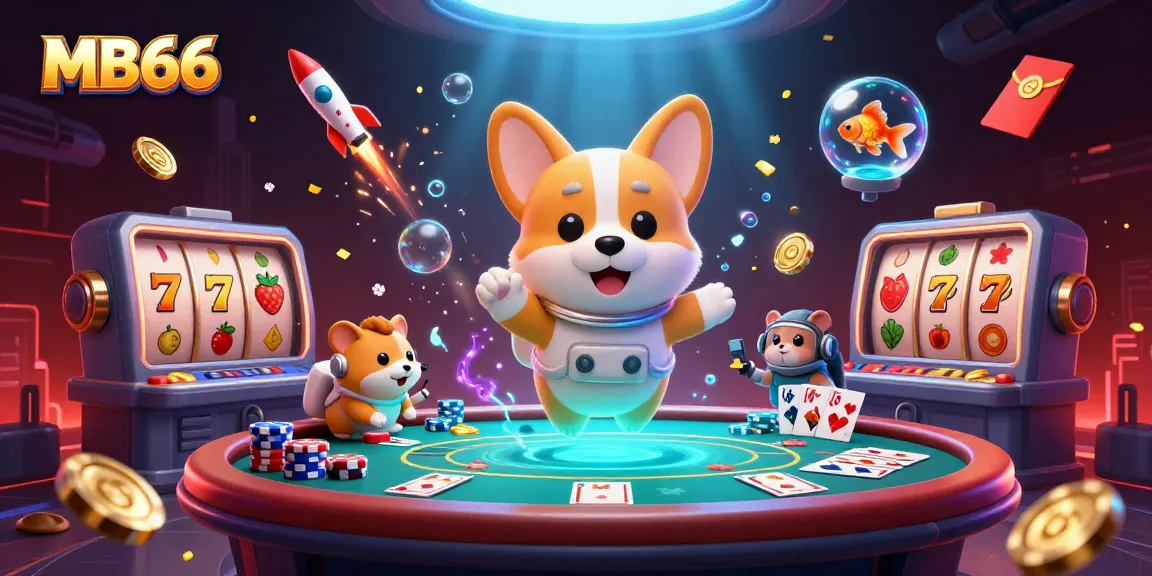 Experience the thrilling universe of MB66, where a cartoon corgi and friends float in a vibrant casino.